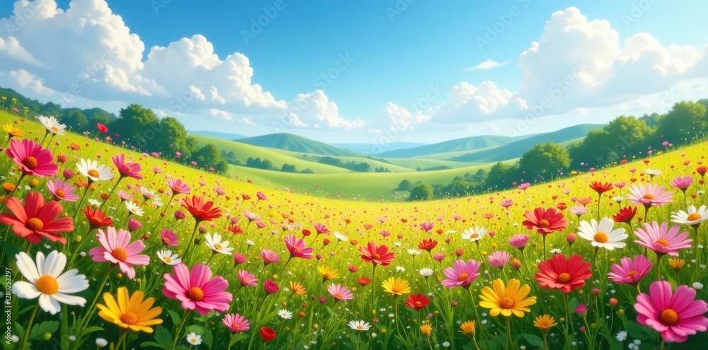 Wildflower explosion, summer sky, rolling hills, day, cloud, vibrant Wildflower explosion, summer sky, rolling hills, day, cloud, vibrant