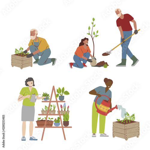 Set of plant care scenes, planting seedlings, trees. Concept for gardening or farming. Vector flat illustration