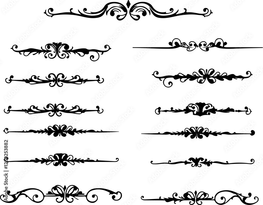 Fototapeta premium a collection of ornate, black, filigree line dividers, likely for graphic design 