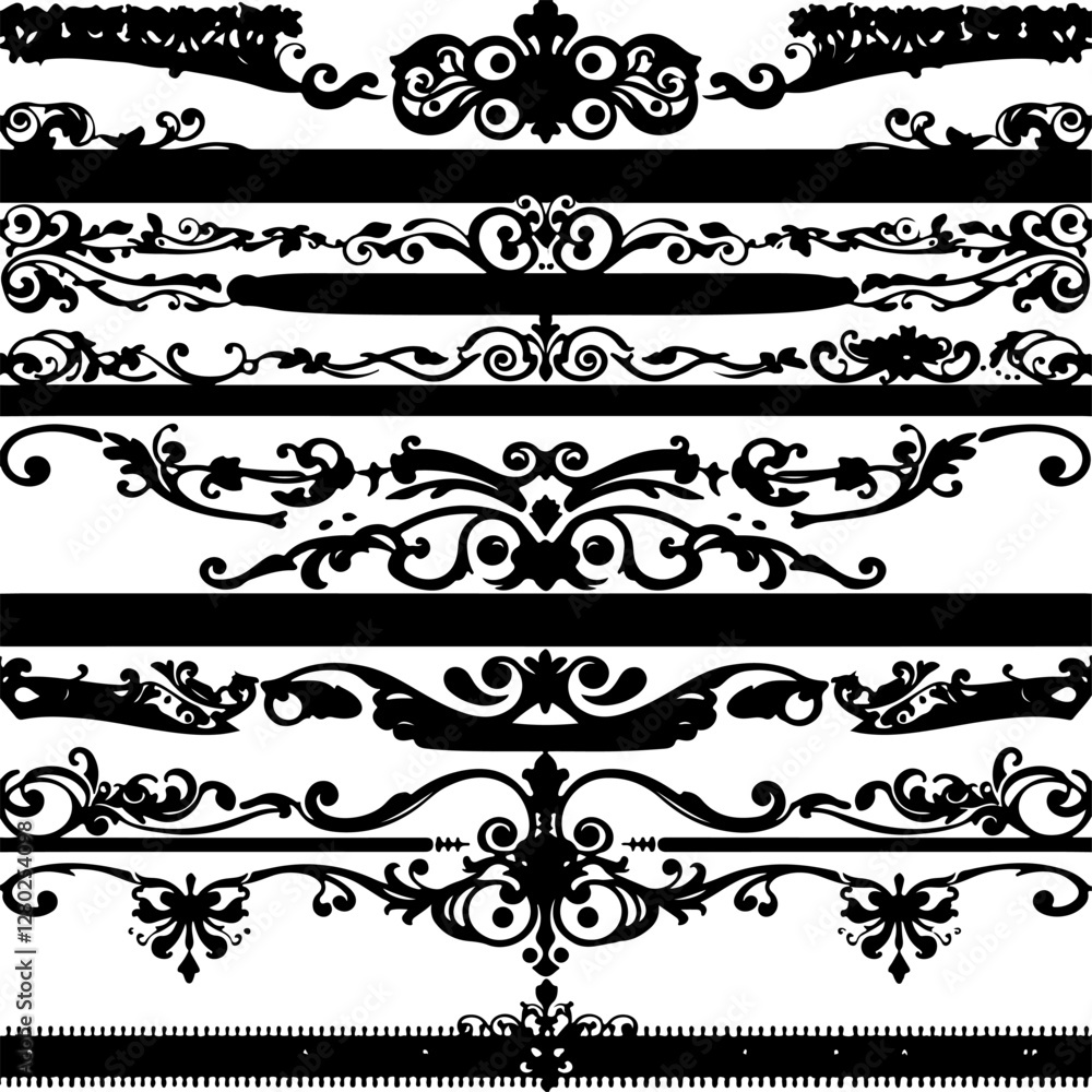 a collection of ornate, black, filigree line dividers, likely for graphic design a collection of ornate, black, filigree line dividers, likely for graphic design