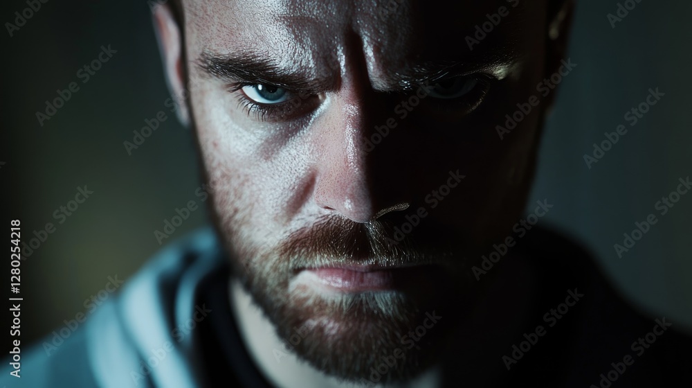Obraz premium A young man looks seriously at the camera. A frown. Close-up portrait