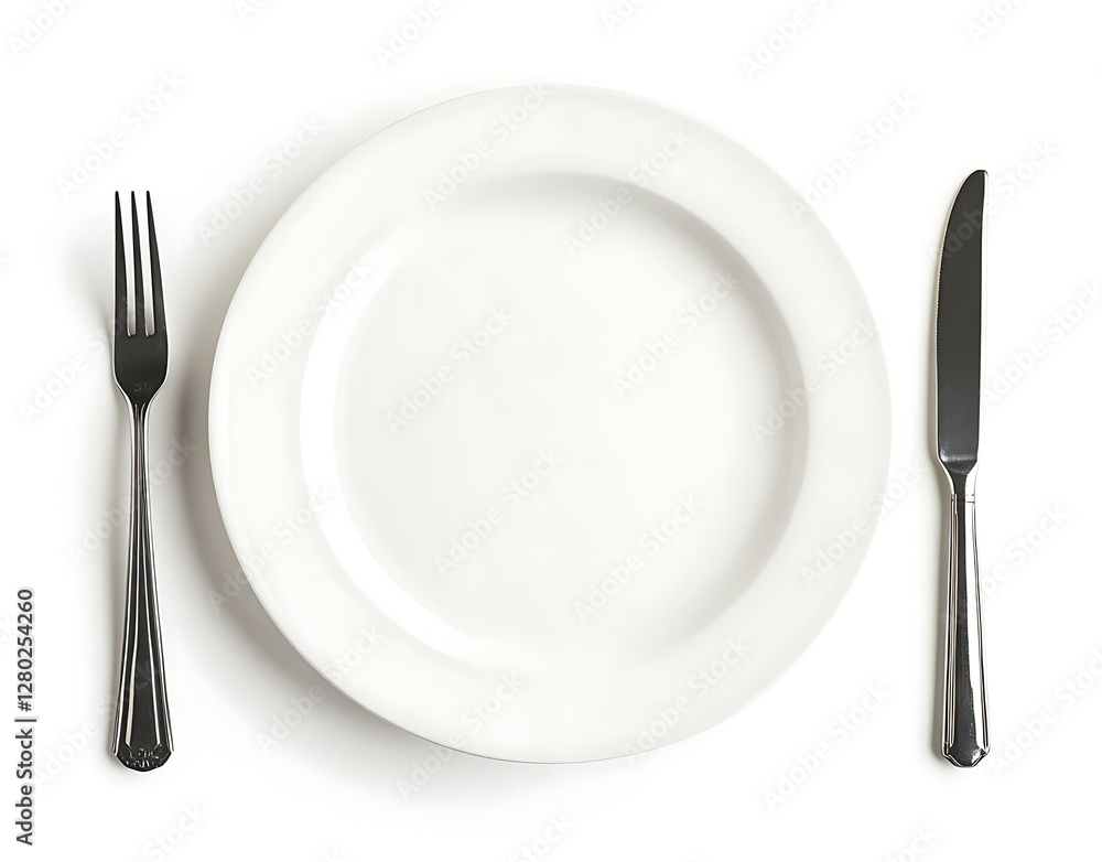 Isolated White Plate with Fork and Knife on White Background Isolated White Plate with Fork and Knife on White Background