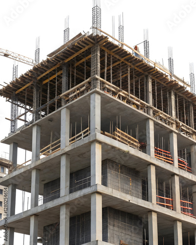 Concrete building under construction with scaffolding, steel reinforcements, and wooden planks