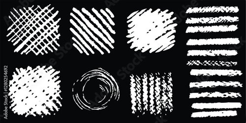vector collection features a chalk doodle set, pencil scribble texture collection, vector punk charcoal brushstrokes, grungy hand-drawn crayon textures, lines, highlights, and underlines, all on a bla