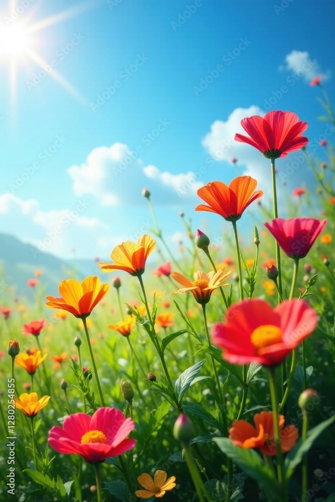 Vibrant wildflowers bloom under a bright blue sky , clouds, pastoral, leaves Vibrant wildflowers bloom under a bright blue sky , clouds, pastoral, leaves