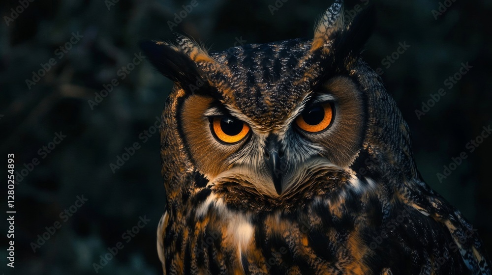 Closeup of an Owl at Night in a Dark Forest Closeup of an Owl at Night in a Dark Forest