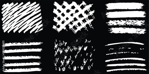 vector collection features a chalk doodle set, pencil scribble texture collection, vector punk charcoal brushstrokes, grungy hand-drawn crayon textures, lines, highlights, and underlines, all on a bla