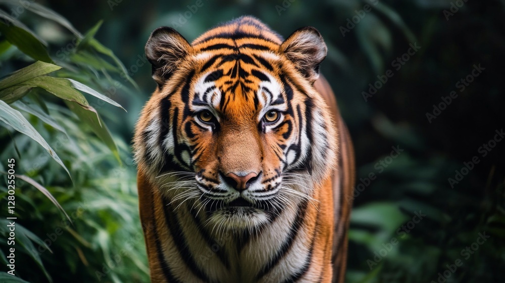 Fototapeta premium Powerful Tiger Portrait in Lush Green Forest