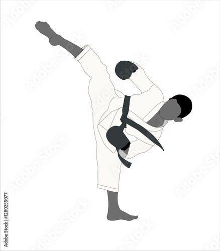 Silhouette of a man in a kimono. High kick. Illustration