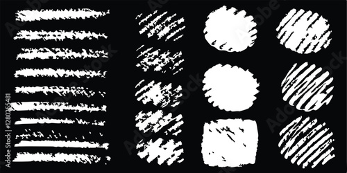 vector collection features a chalk doodle set, pencil scribble texture collection, vector punk charcoal brushstrokes, grungy hand-drawn crayon textures, lines, highlights, and underlines, all on a bla