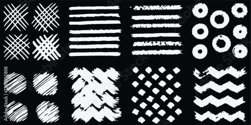 vector collection features a chalk doodle set, pencil scribble texture collection, vector punk charcoal brushstrokes, grungy hand-drawn crayon textures, lines, highlights, and underlines, all on a bla