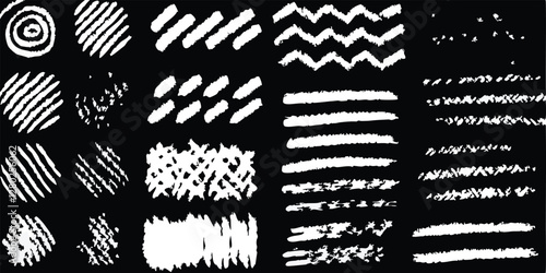 vector collection features a chalk doodle set, pencil scribble texture collection, vector punk charcoal brushstrokes, grungy hand-drawn crayon textures, lines, highlights, and underlines, all on a bla