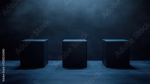 Three dark cubes on smoky blue background.