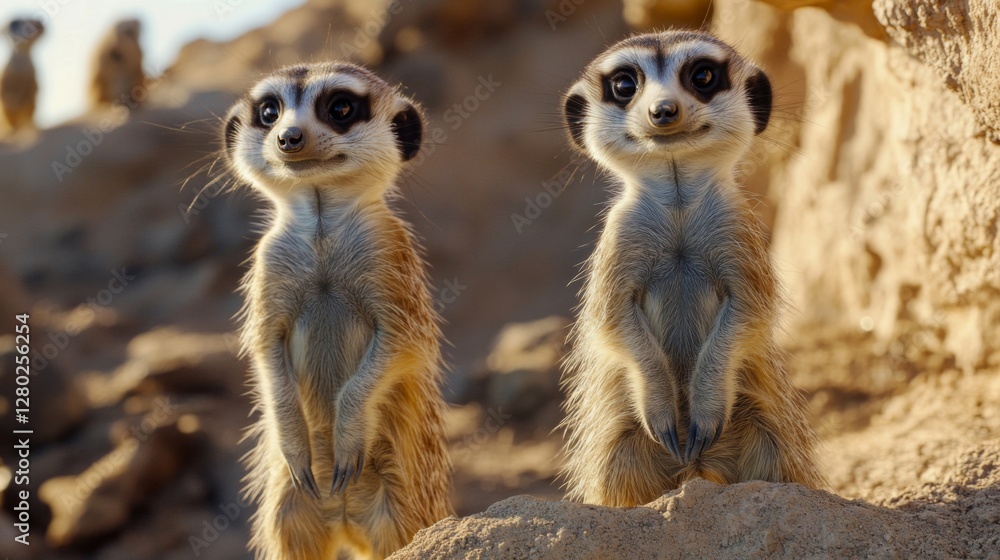 Two Alert Meerkats on Sandy Rocks at Sunset Two Alert Meerkats on Sandy Rocks at Sunset