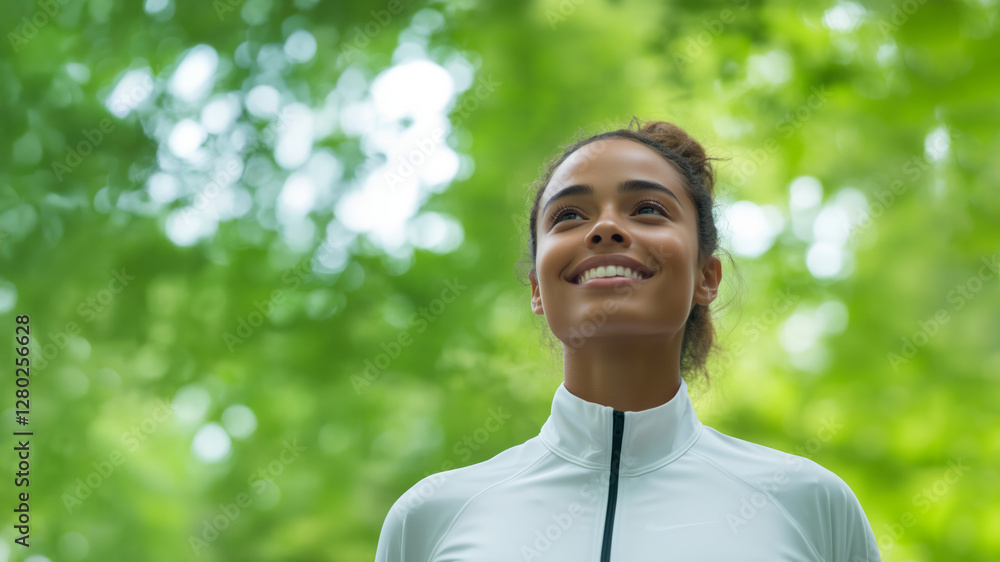 young woman in white sports jacket smiles while standing outdoors surrounded by lush green trees, enjoying moment of happiness and tranquility young woman in white sports jacket smiles while standing outdoors surrounded by lush green trees, enjoying moment of happiness and tranquility