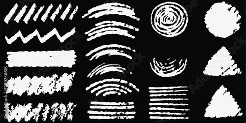 vector collection features a chalk doodle set, pencil scribble texture collection, vector punk charcoal brushstrokes, grungy hand-drawn crayon textures, lines, highlights, and underlines, all on a bla