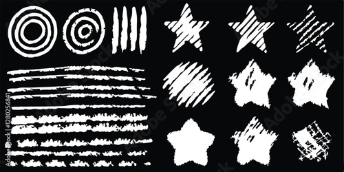 vector collection features a chalk doodle set, pencil scribble texture collection, vector punk charcoal brushstrokes, grungy hand-drawn crayon textures, lines, highlights, and underlines, all on a bla