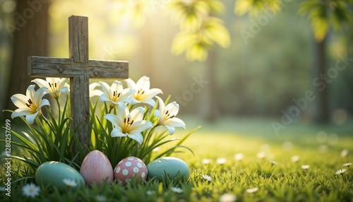 Rustic Wooden Cross Amidst White Lilies and Pastel Easter Eggs in Sunrise Glow
