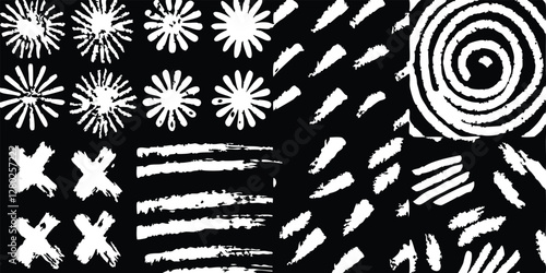 vector collection features a chalk doodle set, pencil scribble texture collection, vector punk charcoal brushstrokes, grungy hand-drawn crayon textures, lines, highlights, and underlines, all on a bla