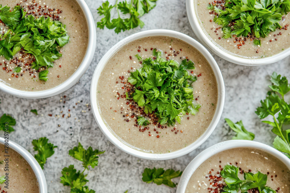 Nutritious quinoa soup with fresh parsley garnish Nutritious quinoa soup with fresh parsley garnish
