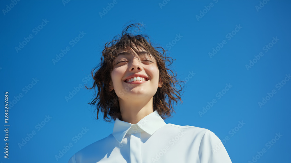 young woman with short hair smiles joyfully against clear blue sky, wearing white shirt. Her expression conveys happiness and contentment young woman with short hair smiles joyfully against clear blue sky, wearing white shirt. Her expression conveys happiness and contentment
