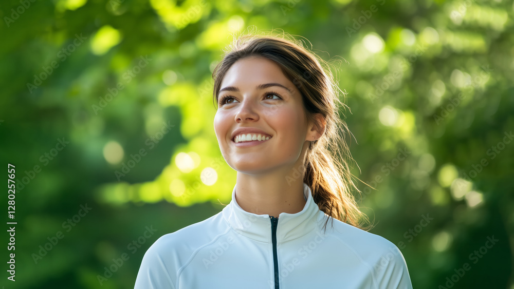 young woman in white jacket smiles joyfully while standing outdoors surrounded by lush green foliage, enjoying natural environment young woman in white jacket smiles joyfully while standing outdoors surrounded by lush green foliage, enjoying natural environment