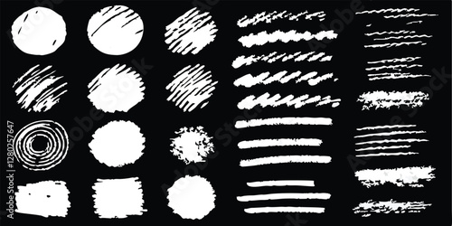 vector collection features a chalk doodle set, pencil scribble texture collection, vector punk charcoal brushstrokes, grungy hand-drawn crayon textures, lines, highlights, and underlines, all on a bla