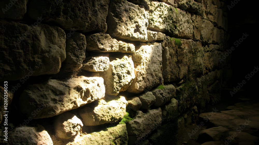 A close-up of an ancient stone wall illuminated by soft light, showcasing texture.