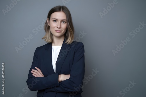 A serious yet poised businesswoman stands against a neutral gray backdrop, arms folded across her chest.