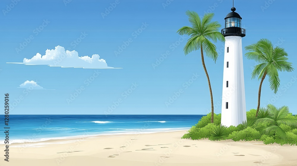 Seaside serenity tropical beach with a lighthouse calm blue ocean and sky perfect vacation spot travel destination paradise feeling Seaside serenity tropical beach with a lighthouse calm blue ocean and sky perfect vacation spot travel destination paradise feeling