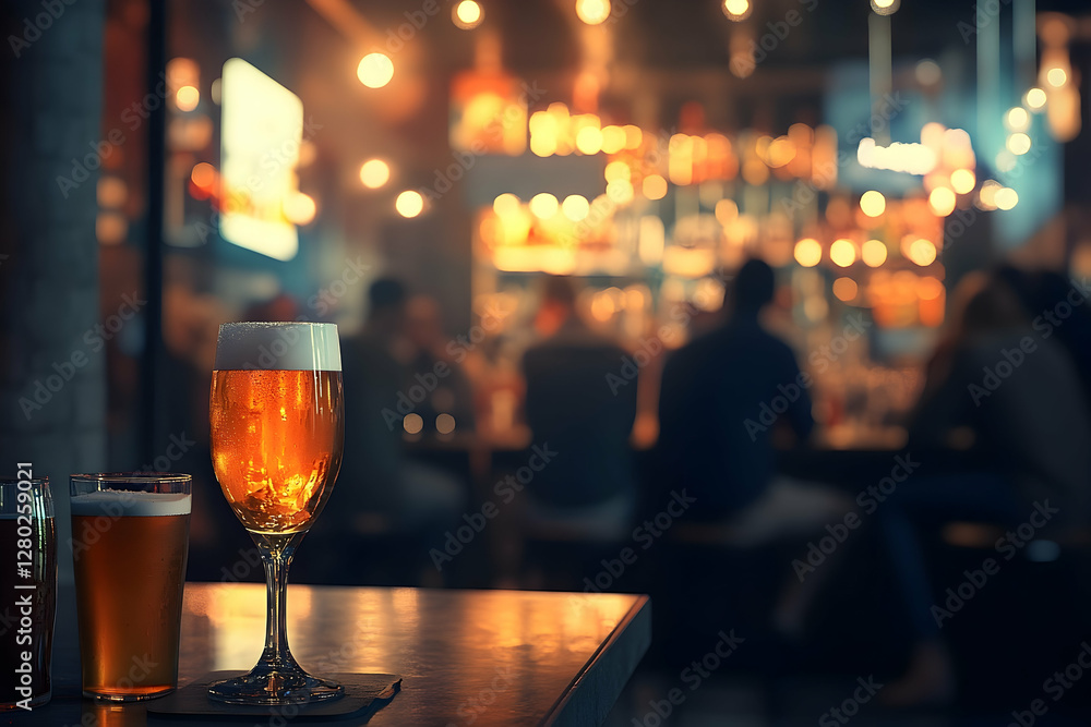 Golden beer glasses on a bar counter with blurred bar background creating a cozy and inviting atmosphere Golden beer glasses on a bar counter with blurred bar background creating a cozy and inviting atmosphere