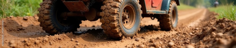 Mud-caked wheels spin slowly on uneven terrain, sludge, dirt road, vehicle stuck Mud-caked wheels spin slowly on uneven terrain, sludge, dirt road, vehicle stuck