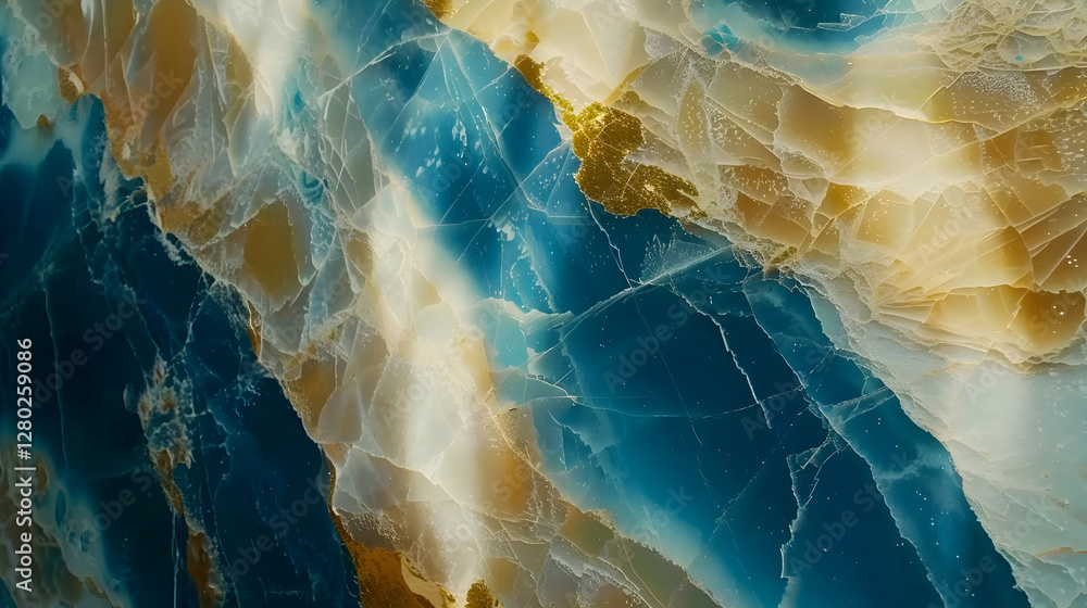 A close-up view of a colorful and textured mineral surface with blue and gold hues.