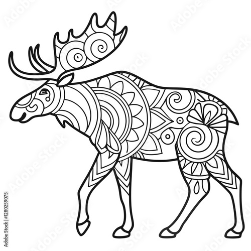 Moose Coloring Page: Intricate Zentangle Style Antlered Animal Illustration for Relaxation & Creative Fun - Printable Art Therapy Design