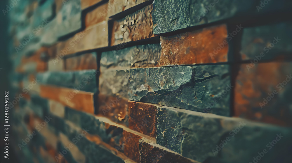 A close-up view of a textured stone wall, showcasing various colors and layers.