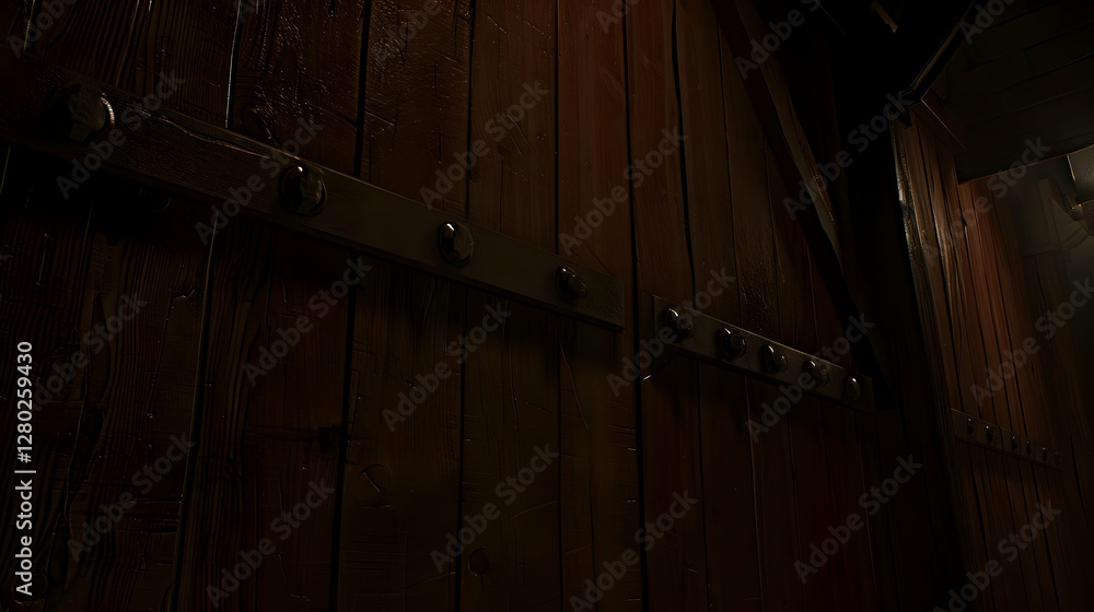 A close-up view of a wooden door with metal bolts, suggesting strength and craftsmanship.