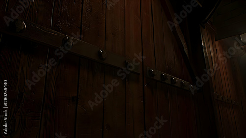 Obraz na płótnie A close-up view of a wooden door with metal bolts, suggesting strength and craftsmanship. w salonie