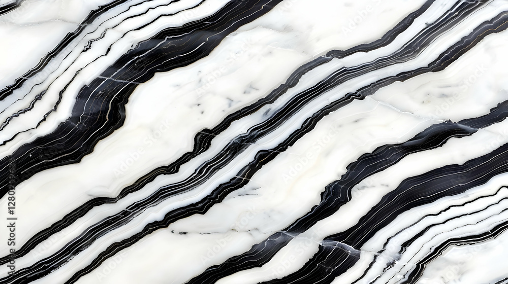 A close-up view of black and white marble with flowing patterns.