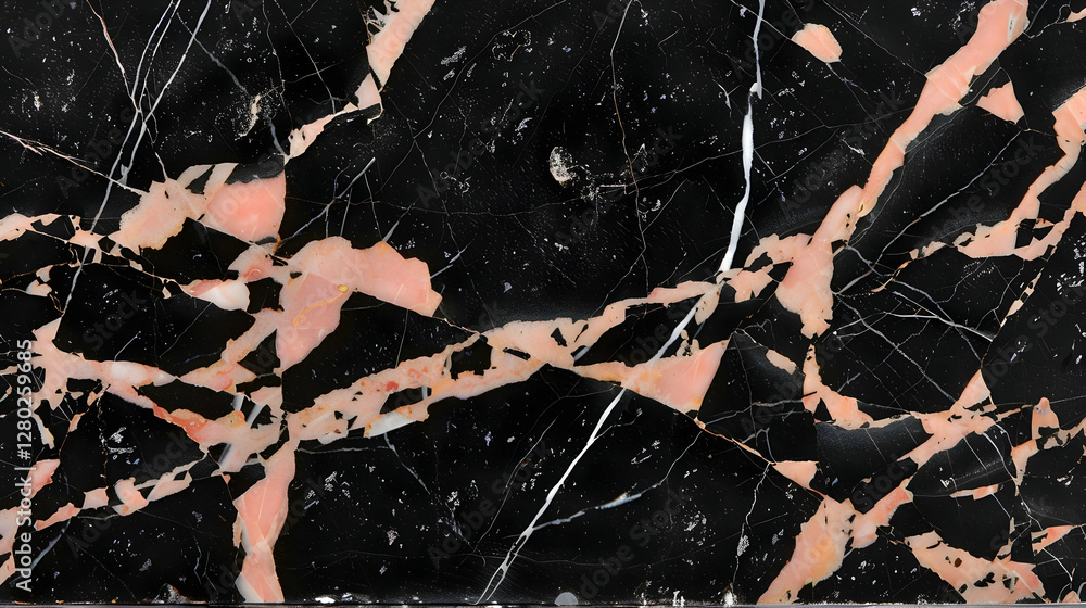 A close-up view of black marble with pink and white veining patterns.