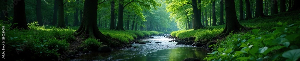 Dark river flowing through dense beech forest, dark, trees, green Dark river flowing through dense beech forest, dark, trees, green