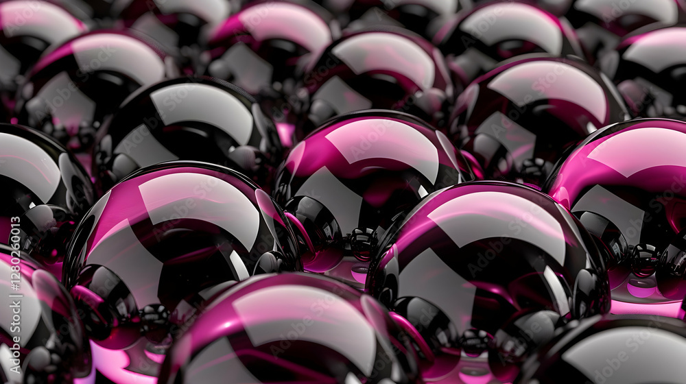 A close-up view of glossy black and pink spheres arranged in a pattern.