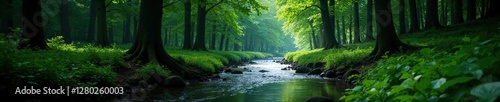 Dark river flowing through dense beech forest, dark, trees, green