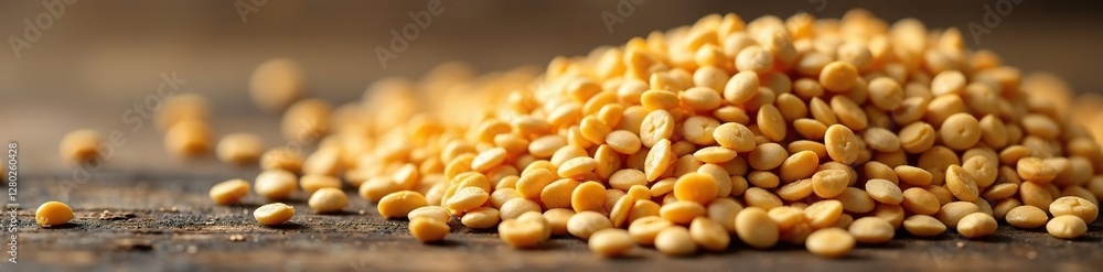 Grainy barley seeds scattered on a wooden table, agricultural, farm Grainy barley seeds scattered on a wooden table, agricultural, farm