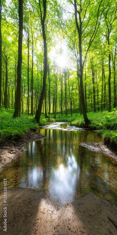 A serene forest scene with tall trees and a reflective stream flowing through, illuminated by sunlight filtering through the leaves. A serene forest scene with tall trees and a reflective stream flowing through, illuminated by sunlight filtering through the leaves.