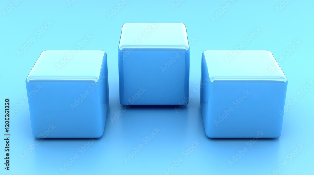 Three light blue glossy cubes on a light blue background. Three light blue glossy cubes on a light blue background.