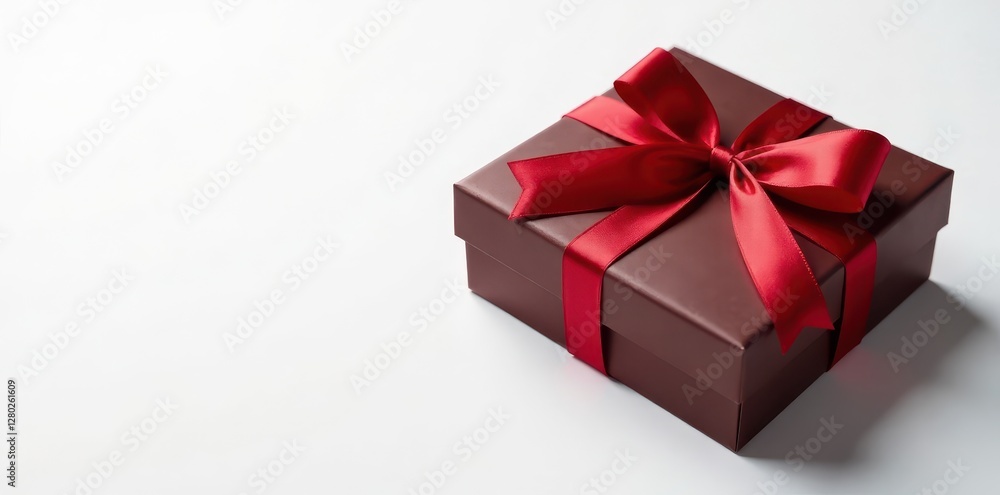 Fototapeta premium Elegant chocolate box, satin ribbon, white background, product photography, confectionery, gift