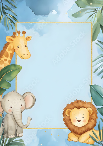 A colorful animal-themed border featuring a giraffe, elephant, and lion.