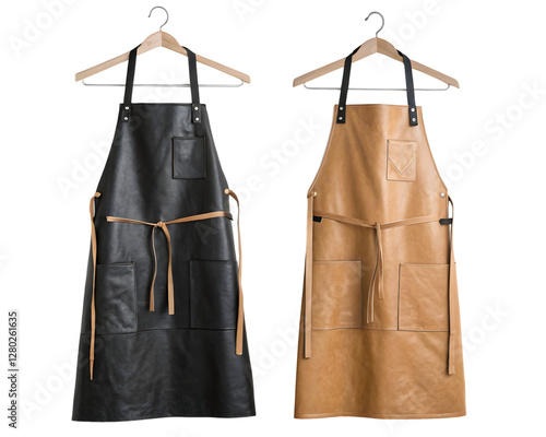 Elegant black and tan leather aprons displayed on hangers, showcasing craftsmanship, style, and functionality