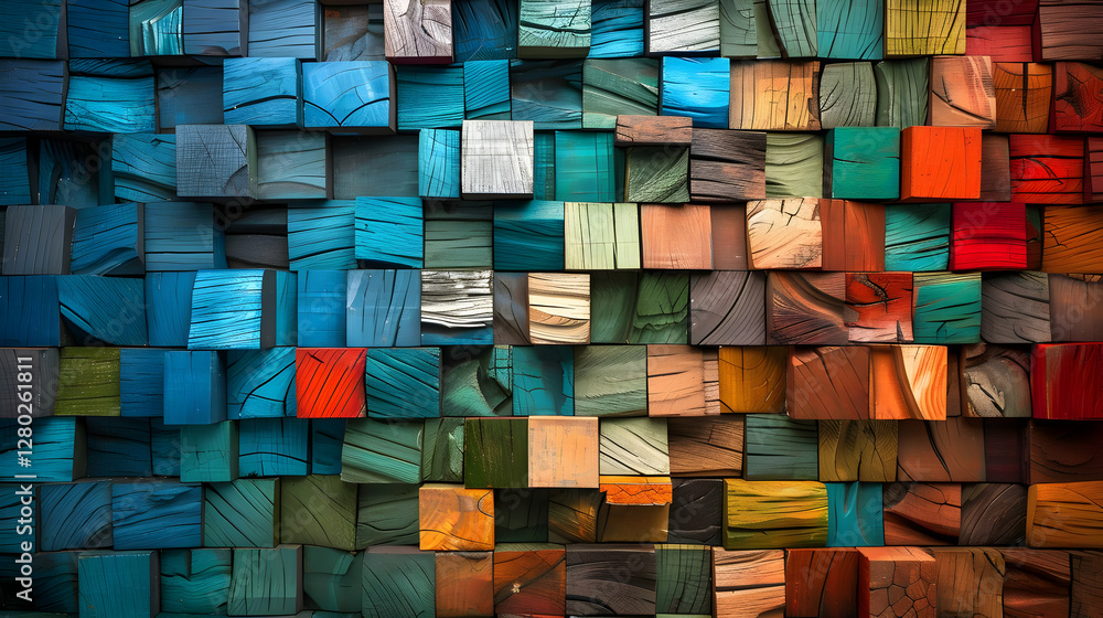A colorful arrangement of wooden blocks creating a vibrant mosaic pattern.