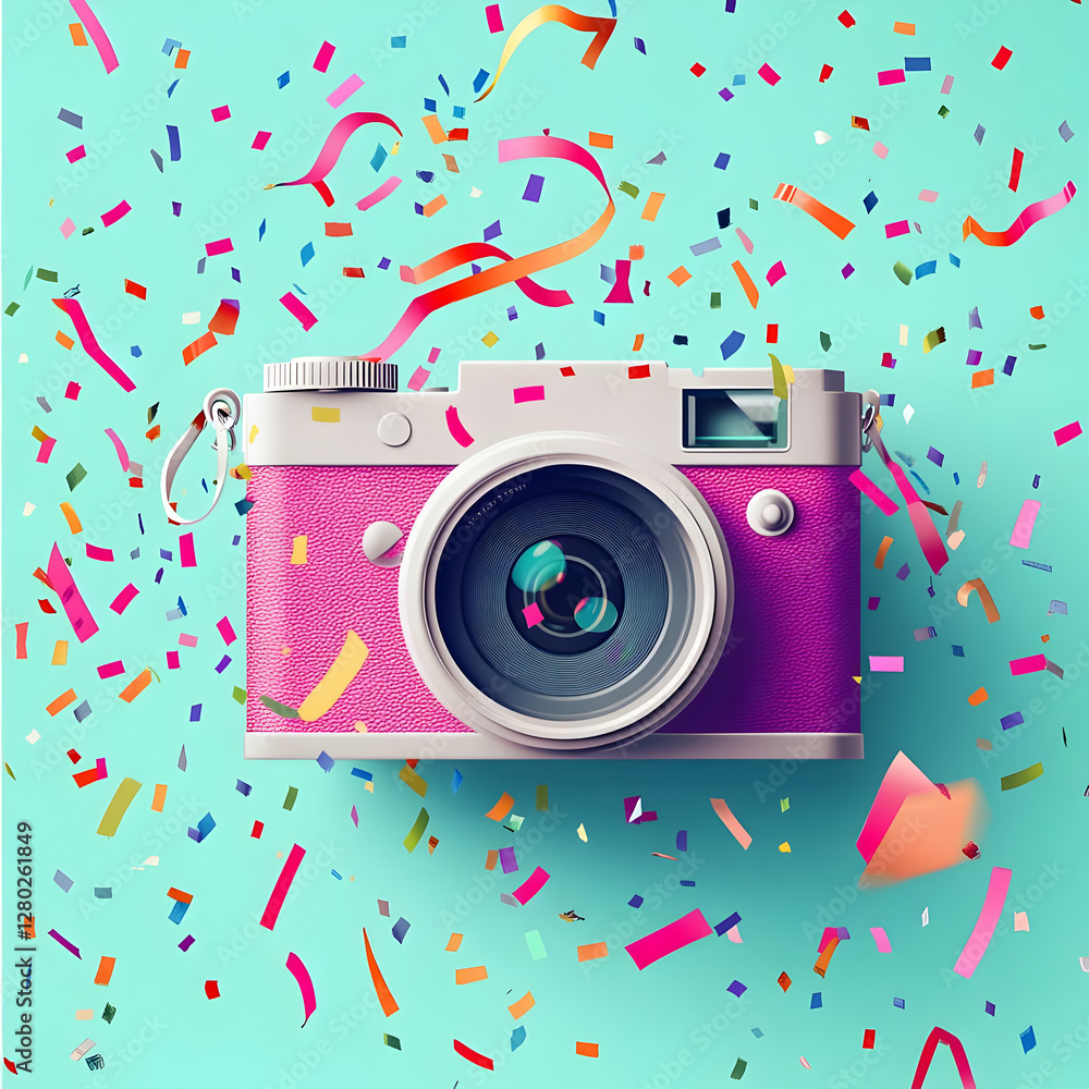 A colorful camera surrounded by festive confetti on a bright background.
